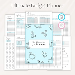 May include: A collection of budget planner pages with a light blue cover featuring money bag and coin illustrations. The planner includes sections for weekly and monthly budgets, savings tracking, and debt payoff. The text "Ultimate Budget Planner" is at the top.