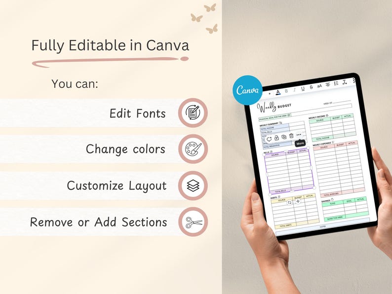 May include: A tablet displaying a "Weekly Budget" template with sections for income and expenses. The screen shows the Canva logo and text: "Fully Editable in Canva". The template includes options to edit fonts, change colors, customize the layout, and add or remove sections.