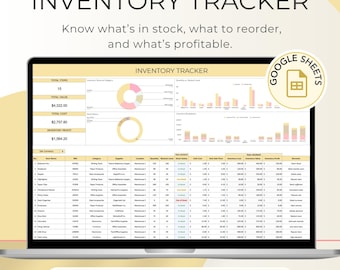 May include: A laptop screen displays an inventory tracker spreadsheet. The text "INVENTORY TRACKER" is at the top, with data visualizations and a detailed table. The text "User-friendly | 3 Tabs | Google Sheets" is at the bottom.