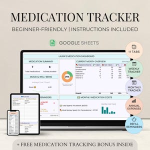 Spreadsheet medicatietracker | Medicatielogboek en -schema | Gezondheidsspreadsheet met herinneringen voor bijvullen | Maandelijkse en wekelijkse medicijnenlijst