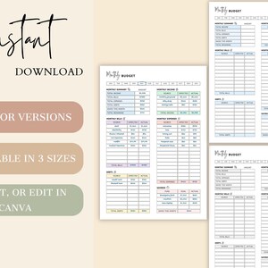 May include: Digital monthly budget planner, printable and editable. The image shows a clean layout with three colour versions and is available in three sizes. Text includes "Instant Download" and "Print it, or edit in Canva."