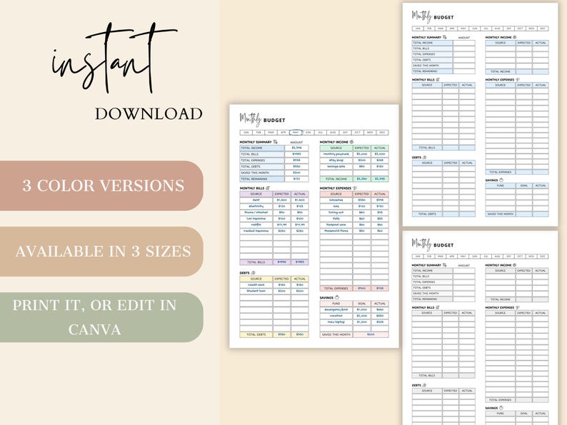 May include: Digital monthly budget planner, printable and editable. The image shows a clean layout with three colour versions and is available in three sizes. Text includes "Instant Download" and "Print it, or edit in Canva."