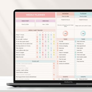 May include: A MacBook Pro displaying a digital weekly planner. The planner is divided into sections for the week's start and end dates, daily focus, a habit tracker, tasks, and a to-do list. The screen shows checkboxes and text.