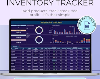 May include: A laptop screen displays an inventory tracker spreadsheet. The screen shows data visualizations, charts, and tables with financial information. The text on the screen reads "Inventory Tracker" and "Google Sheets". The bottom of the screen reads "User-friendly | 3 Tabs | Google Sheets".