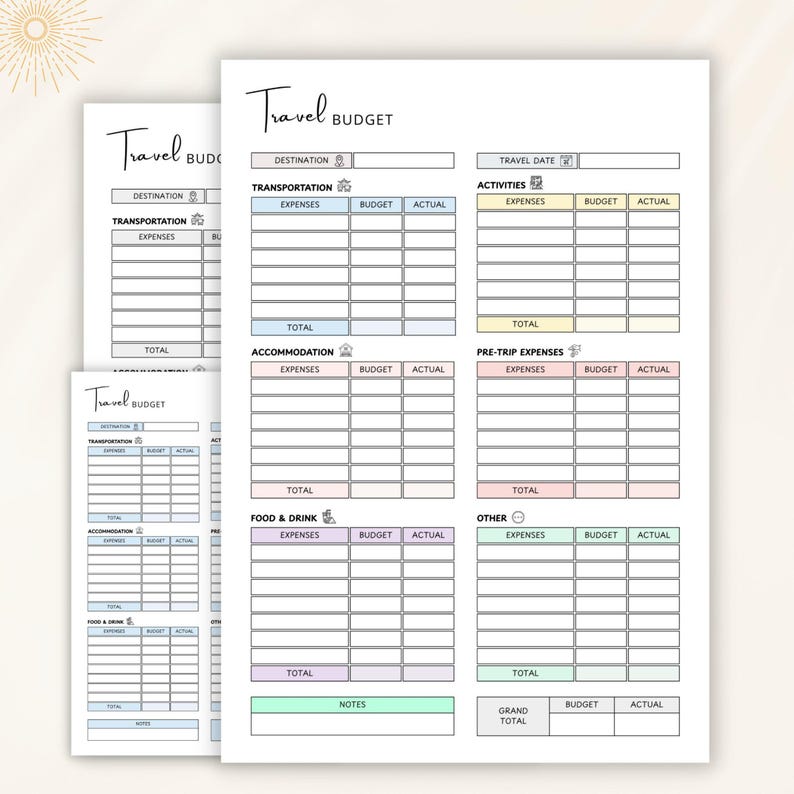 May include: Three white sheets of paper with a travel budget template. The template includes sections for destination, transportation, accommodation, food & drink, activities, and pre-trip expenses. Each section has space for expenses, budget, and actual costs.