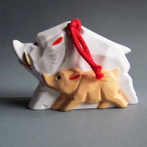 Japanese Clay Bell Vintage Dorei Pottery Ceramic Zodiac Pig Wild Boar Lucky Ornament Charm White Beige Collectible Display Décor Gifts Used
