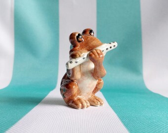 Hand-Painted Ceramic Frog Playing Flute Figurine | Whimsical Musician Animal Statue | Unique Cottage core Home Decor Gift
