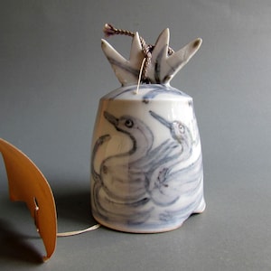 Japanese Ceramic Bell Ornament Bird paint Grey Crane Décor Vintage crane
