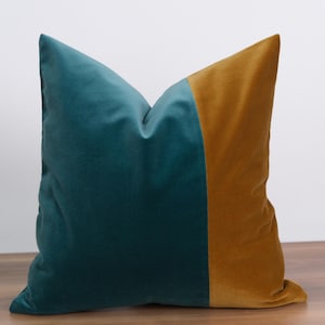 Colorblock Velvet Pillow Cover – Teal & Mustard – Modern Throw Pillow – 100% Cotton Velvet – Double-Sided Cushion – Handmade Design