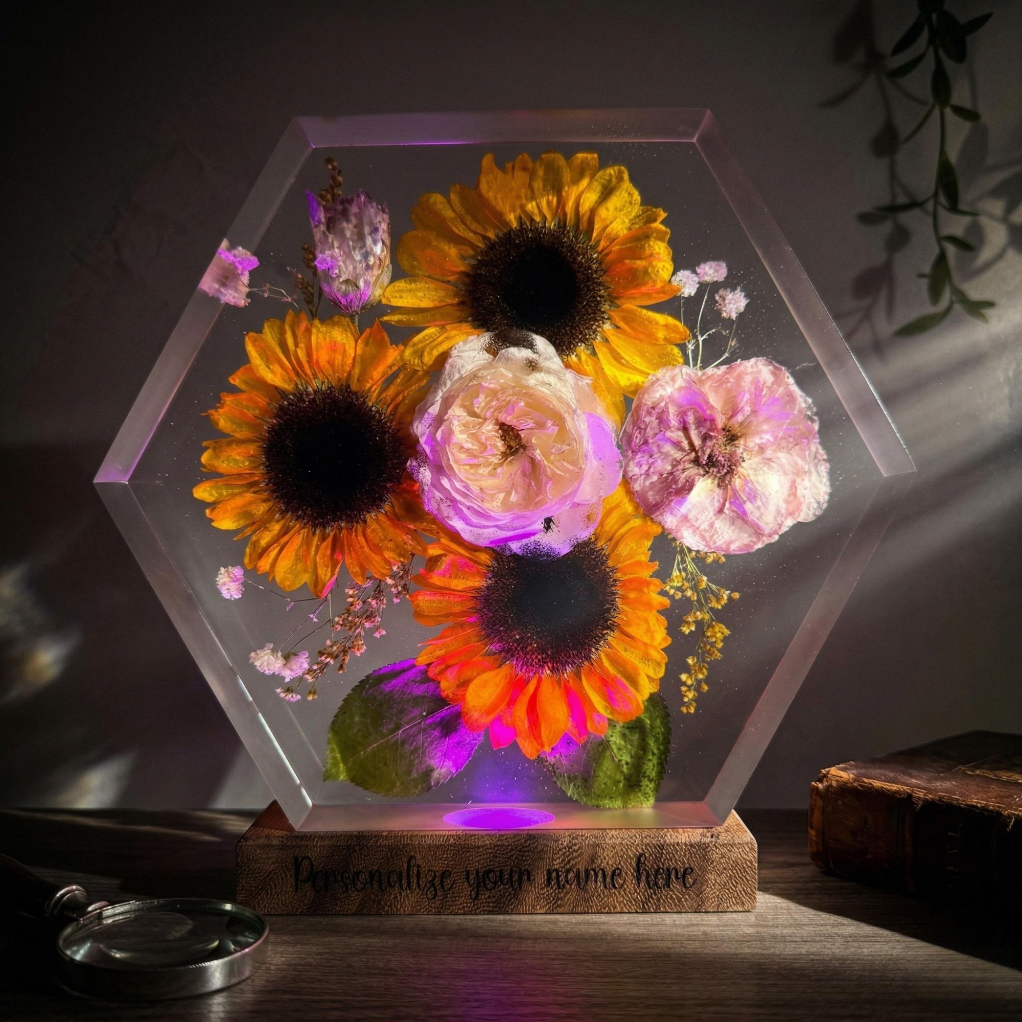 Personalized Sunflower Resin Lamp – Custom Name Floral Night Light