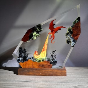 Dragon Resin Lamp – Handmade Red Dragon Epoxy Night Light – Fantasy LED Gift for Him, D&D Fans or Gamers