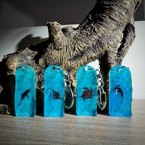 Ocean Animal Resin Keychain Rectangle, Shark Turtle Stingray Gift, Transparent Epoxy Bag Charm, Personalized Marine Keyring
