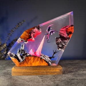 Dragon Resin Lamp – Handmade Epoxy Art with Fire-Breathing Dragon and Castle, Fantasy Night Light, Custom Engraved Gift