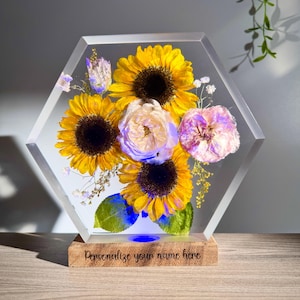 Sunflower Rose Resin Lamp | Personalized Hexagon Floral Light Gift | Dried Flower Night Lamp With Custom Engraving