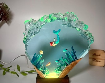 Mermaid Resin Ocean Lamp – Underwater LED Night Light – Personalized Fantasy Gift for Girls, Teens or Her