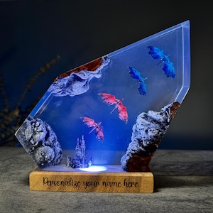 Flying Dragon Resin Lamp – Multicolor Fantasy Night Light with LED, Handmade Epoxy Art with Engraved Wood Base