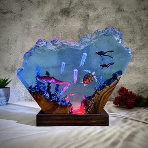 Ocean Resin Lamp Color Changing Night Light, Scuba Diver Underwater Decor, Custom Laser Engraved Wood Gift, Unique LED Art for Her/Him