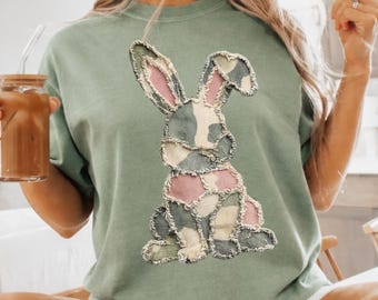 Comfort Colors® Patchwork Bunny Easter Shirt, Floral Faux Patchwork Bunny, Grandmacore Easter Shirt, Easter Gift
