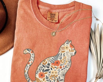 Comfort Colors® Faux Patchwork Floral Cat Shirt, Cute Cat Lover Tee, Cat Mom Gift, Mother’s Day Shirt, Pet Owner Gift