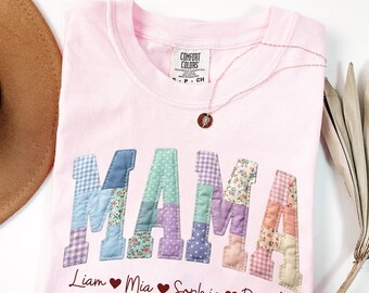 Comfort Colors® Personalized Mama Faux Patchwork Shirt, Mama Tee,Cute Mom T-shirt, New Mom Gift, Mothers Day Gift