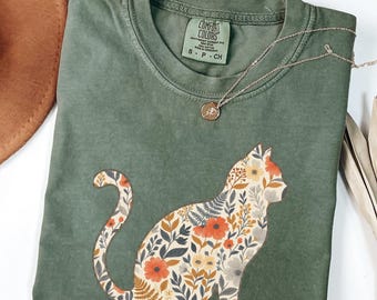 Comfort Colors® Faux Patchwork Cat Shirt, Floral Cat Lover Tee, Mother’s Day Gift for Cat Mom, Cute Pet Owner Shirt