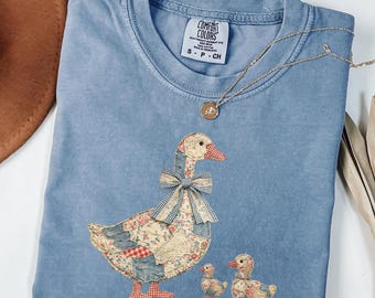 Comfort Colors® Faux Patchwork Mama Goose Shirt, Goose Family Bird Lover Tee, Grandmacore Cottagecore Mothers Day Gift