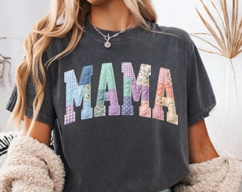 Comfort Colors® Faux Patchwork Floral Mama Shirt, Faux Embroidered Mom Tee, Cottagecore Mom Gift, Mother's Day Shirt
