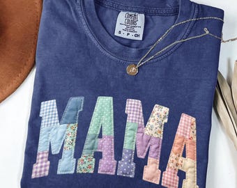 Comfort Colors® Faux Patchwork Floral Mama Shirt, Faux Embroidered Mom Tee, Cottagecore Mother's Day Gift, Floral Mom Shirt