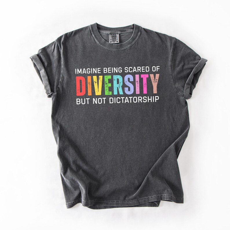 May include: A dark gray t-shirt with the text "IMAGINE BEING SCARED OF DIVERSITY BUT NOT DICTATORSHIP" in colorful letters. The shirt has a crew neck and short sleeves, with a slightly worn appearance.