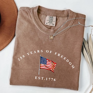 Pu&ograve; includere: Una maglietta Comfort Colors marrone con la scritta "250 YEARS OF FREEDOM" e una grafica della bandiera americana. La maglietta ha anche la scritta "EST. 1776". Una collana d'argento con un ciondolo &egrave; sulla maglietta.