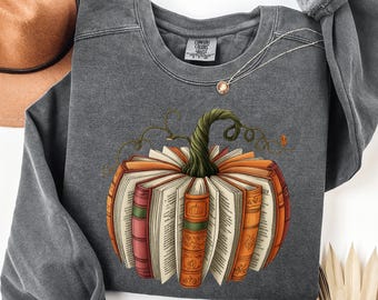 Comfort Colors® Halloween Book Lover Sweatshirt, Fall Pumpkin Reading Pullover, Bookish Long Sleeve Shirt, Cute Fall Graphic Tee