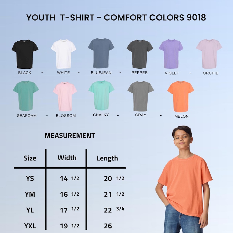 May include: A youth t-shirt in melon color is modeled in this image. The image also displays a color chart with various t-shirt colors, including black, white, bluejean, pepper, violet, orchid, seafoam, blossom, chalky, and gray. A measurement chart is also included.