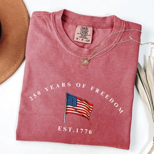 Pu&ograve; includere: T-shirt color rosa polvere con la scritta "250 YEARS OF FREEDOM" e un'illustrazione della bandiera americana. La scritta "EST. 1776" &egrave; sotto la bandiera. Una collana d'argento con un piccolo ciondolo &egrave; sulla maglietta.