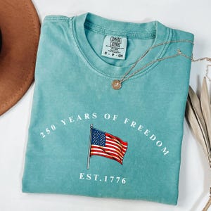 Pu&ograve; includere: Una maglietta turchese con la scritta "250 YEARS OF FREEDOM" e una grafica della bandiera americana. Il testo "EST. 1776" &egrave; sotto la bandiera. Una collana d'oro con un ciondolo &egrave; sulla maglietta.