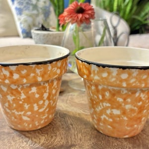 Peut inclure: Deux pots de fleurs en céramique avec un motif tacheté orange et blanc et un bord noir uni. Les pots présentent une forme conique classique avec une large ouverture sur le dessus et une base plus étroite, arborant une finition lisse et brillante.