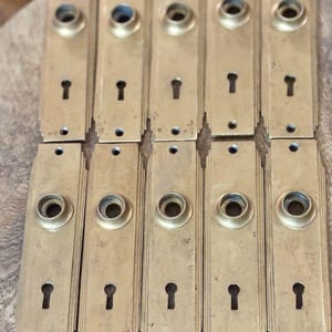 Può includere: Un set di dieci placche rettangolari in ottone per porte, disposte in due file da cinque. Ogni placca presenta un collare circolare centrale per pomello, un foro per serratura sottostante e fori per viti alle estremità, con bordi a gradini.
