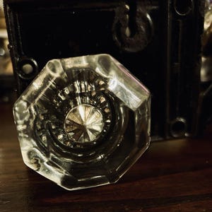 Antique 8Point Octagon Glass Door Knob Set  Brass Rosettes  Complete Locking Mechanism  Vintage Hardware