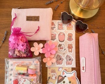 May include: A collection of stationery and accessories including a pink corduroy pouch, a long pink pencil case, heart-shaped sunglasses, a pink organza bag with flower hair clips, a sticker sheet with bear illustrations, and a cat-shaped notepad.