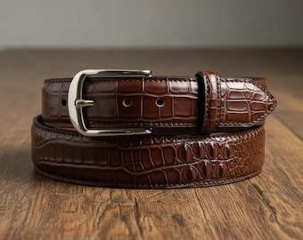 Men's Brown Crocodile-Embossed Leather Belt, Handmade Silver Buckle