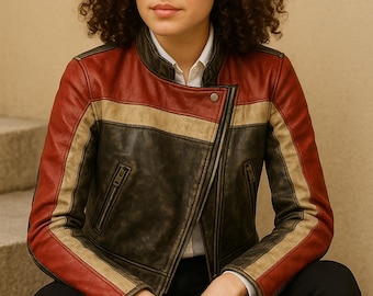 Women's Distressed Leather Biker Jacket: Red & White Stripe Moto - Cafe Racer Style