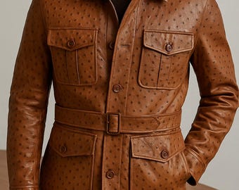 Giacca safari in pelle stampata struzzo, cappotto da campo in vera pelle marrone