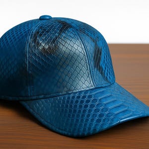 Può includere: Un cappellino da baseball blu con un motivo strutturato simile a quello di un rettile. Il cappellino ha una visiera curva e un piccolo bottone sulla parte superiore. Il colore è un blu intenso e vibrante e il materiale sembra essere pelle o un sintetico simile.