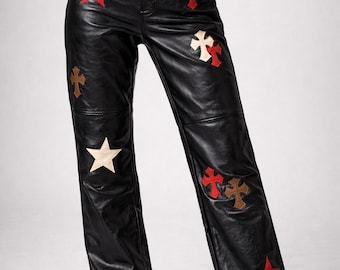 Handmade Custom Leather Biker Pants, White & Red Cross and Star Patches, Gothic Style