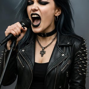 Könnte beinhalten: Eine Person mit dunklem Haar und schwarzem Lippenstift schreit in ein Mikrofon. Sie trägt eine schwarze Lederjacke mit silbernen Stacheln auf den Schultern, einen Choker und eine Anhängerkette. Das Bild hat eine Rock'n'Roll- oder Heavy-Metal-Ästhetik.