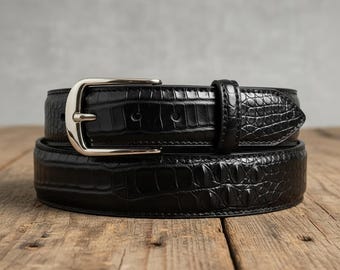 Men's Black Crocodile-Embossed Leather Belt: Handmade Cowhide, Polished Silver Buckle