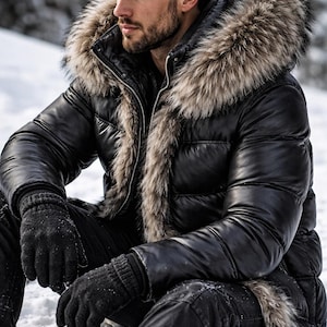 Puede incluir: Chaqueta acolchada negra con capucha y ribete de piel. La chaqueta se lleva con guantes y pantalones negros. La persona está sentada en la nieve. El ribete de piel es de color marrón claro.