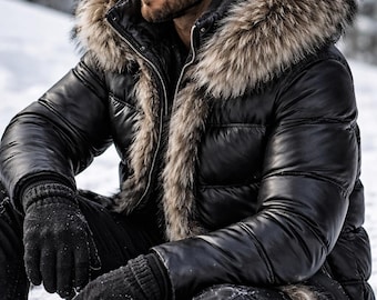 Men’s Luxury Black Leather Puffer Jacket – Genuine Fox Fur Hooded Winter Coat