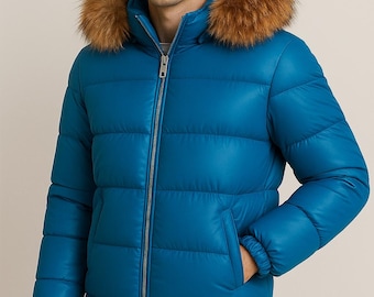 Men’s Blue Leather Puffer Jacket: Real Fox Fur Hood, Winter Bomber