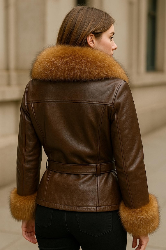 Fox Fur Collar Leather Jacket With Fur Trim Womens Handmade