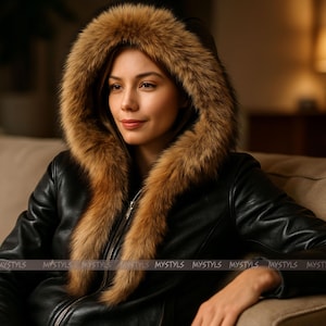 Real Fox Fur Hooded Jacket Women’s Genuine Leather Biker Coat Handmade Winter Leather Coat 100 % Real Fox Fur Leather Jacket Gift for Her